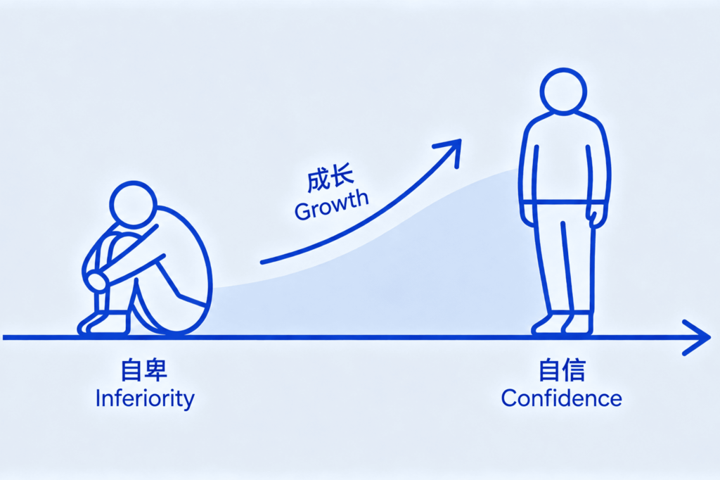 Illustration showing growth from inferiority to confidence through personal development.
