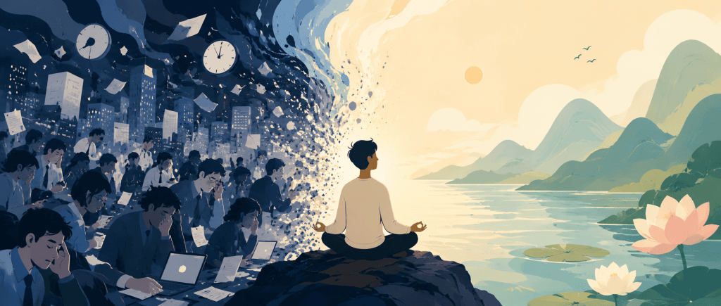 Modern worker meditating between city chaos and inner peace, symbolising the search for meaning in modern life.