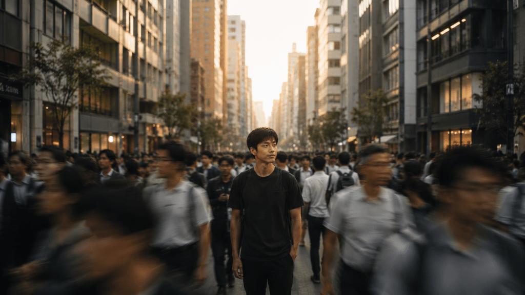 Young Asian man standing calmly in a crowded city street, symbolising inner peace, emotional boundaries and protecting personal energy in a busy modern world.