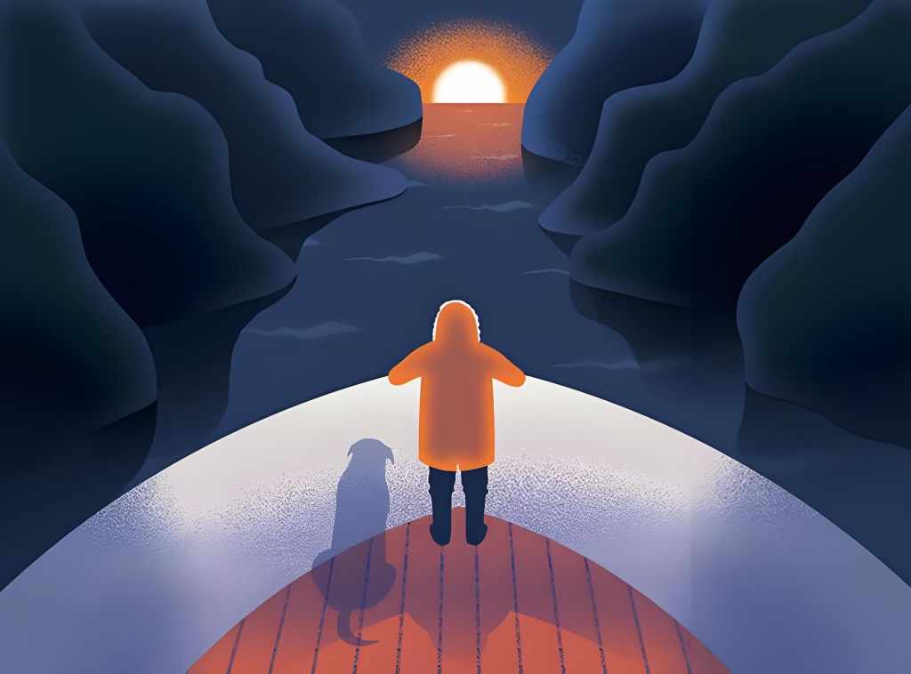 Solitary figure walking toward sunrise between dark cliffs, representing hope, self-discovery and inner awakening.