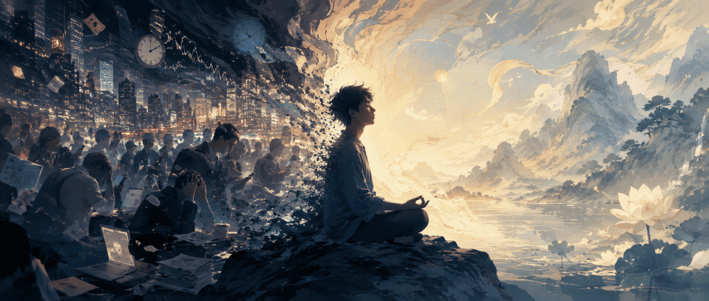 Meditating figure between a busy city and peaceful nature, showing the journey from external chaos to inner peace.