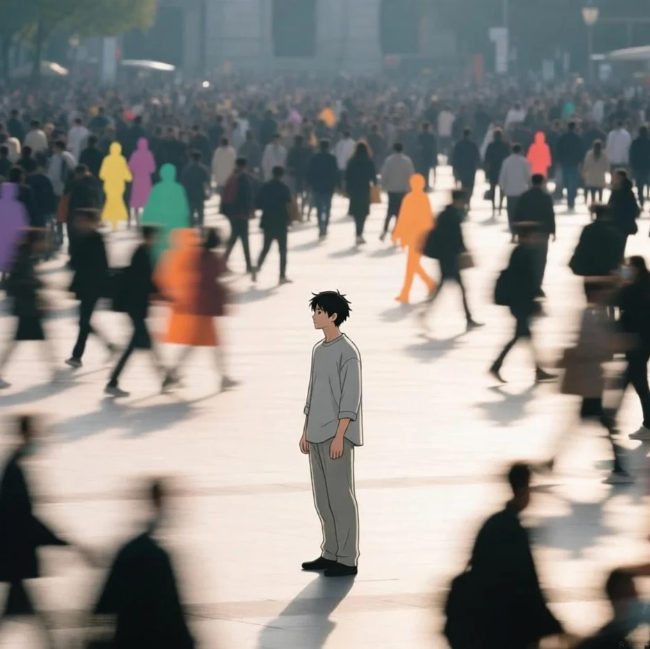 A solitary animated young man standing still while a crowd of people moves quickly around him, some figures highlighted in bright colors