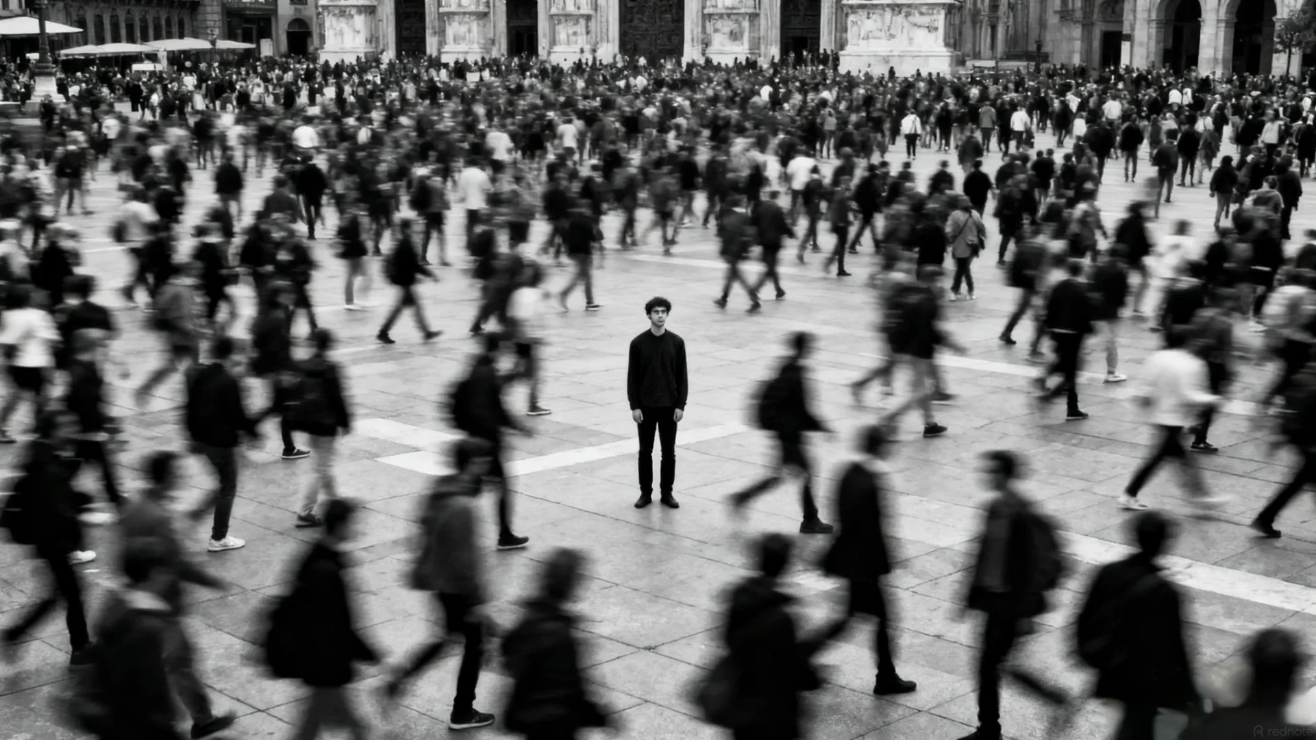 A person standing still in a crowded plaza with many blurred people walking around