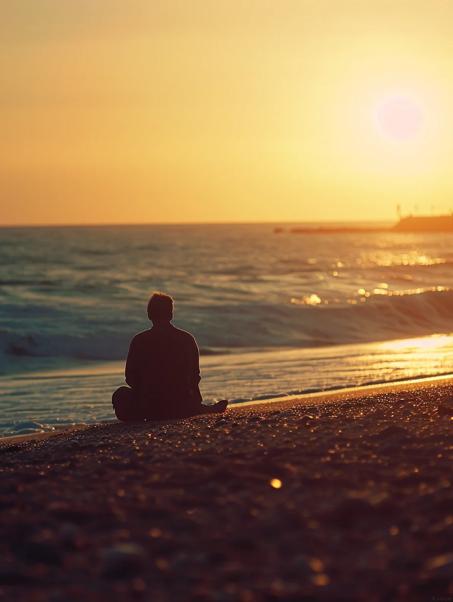 Person sitting cross-legged on a beach watching the sunset over the ocean
