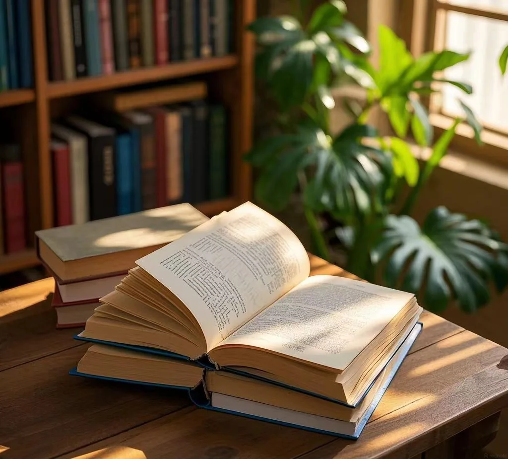 Open book with text on a wooden table near stacked books and a green plant in warm sunlight