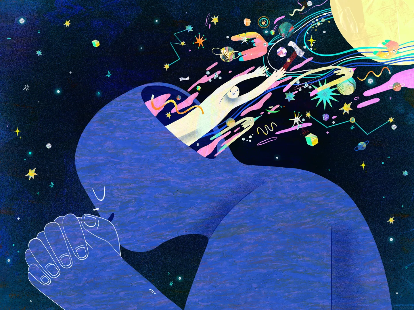 A blue figure with closed eyes praying, with colorful abstract shapes and smiling figures emerging from its head against a starry dark background