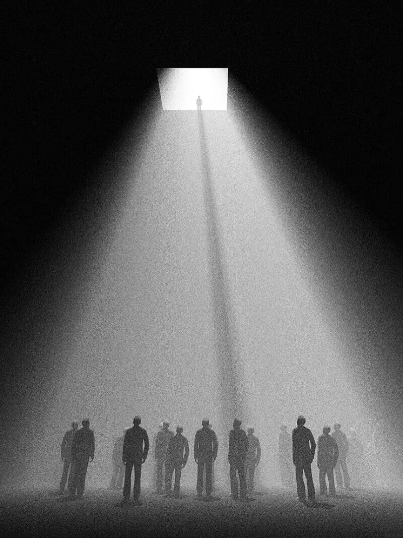 A group of silhouetted people standing in a dark space, looking toward a bright rectangular light above them casting long shadows