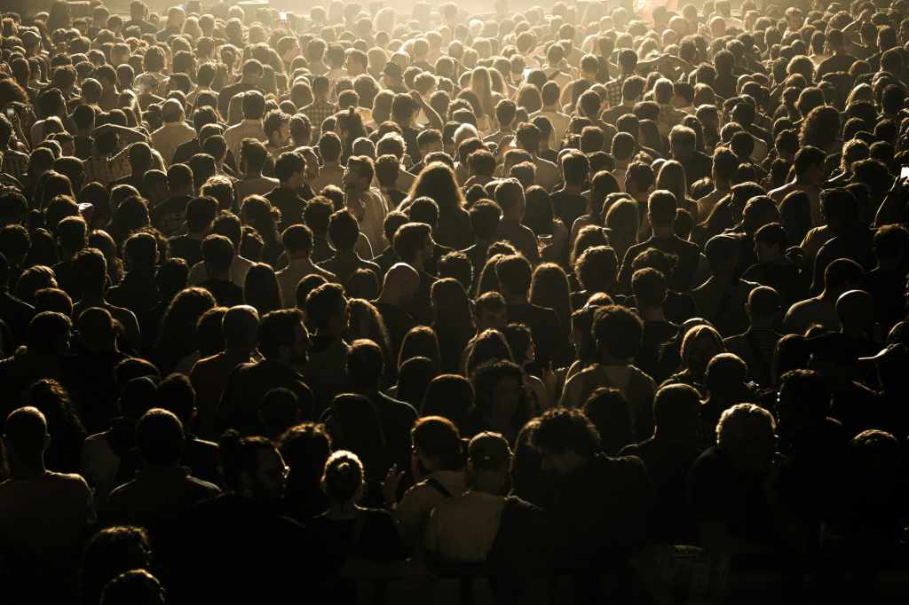 Large crowd at a concert, representing collective distraction, external stimulation and modern emotional numbness.