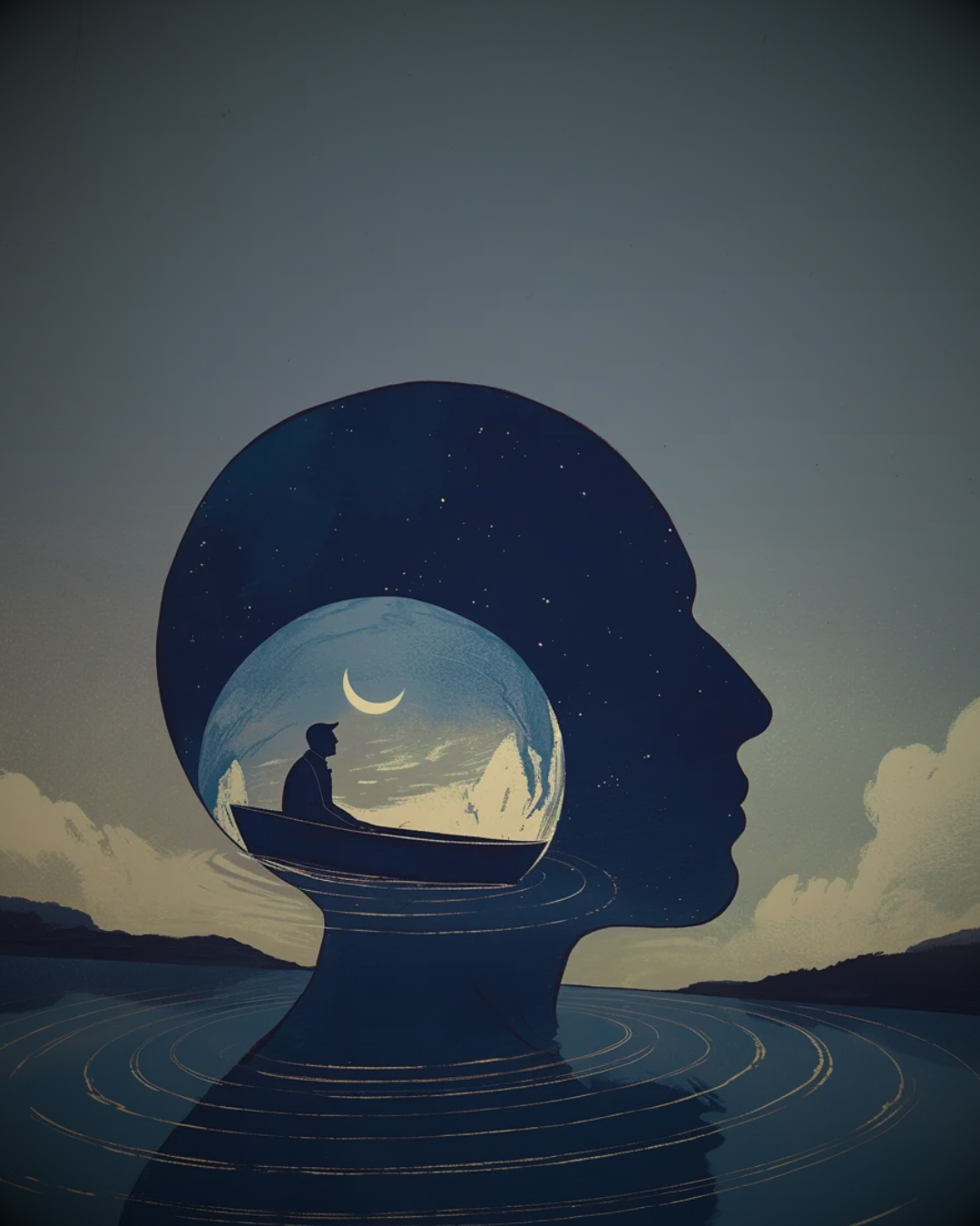 Surreal illustration of a person in a boat inside a moonlit head-shaped seascape
